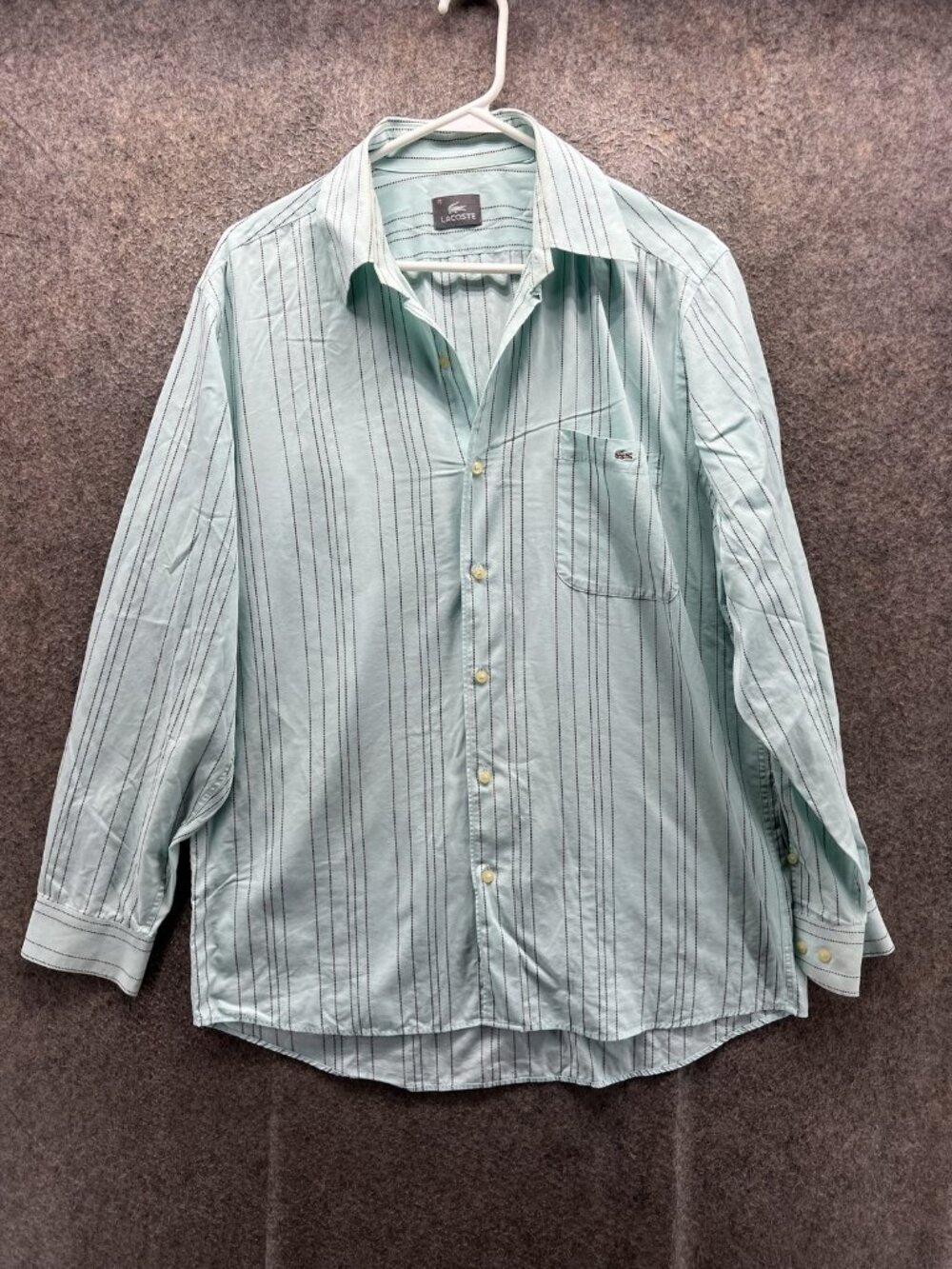 Lacoste Shirt Men 41 Green Stripe Long Sleeve Button Up Cotton Pocket Casual